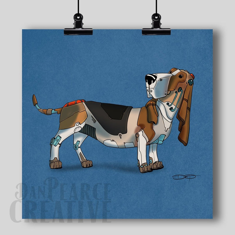 Basset Hound Robot Dog Fine Art Print Created - Dan Pearce Sticker Shop