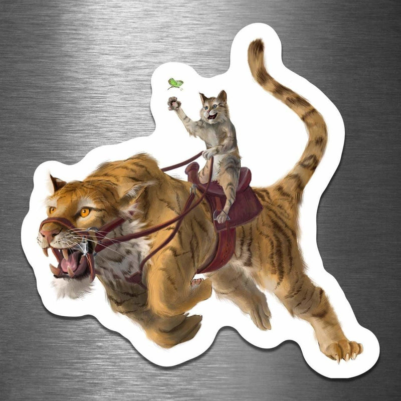 Cat Riding a Prehistoric Cat (Chasing Butterflies) - Vinyl Sticker - Dan Pearce Sticker Shop