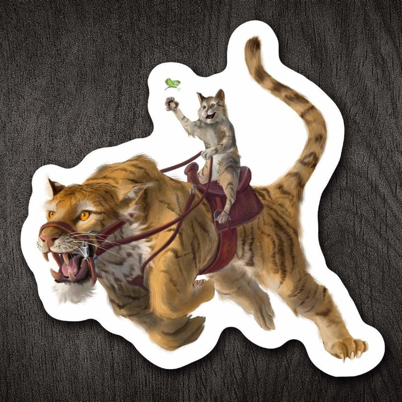 Cat Riding a Prehistoric Cat (Chasing Butterflies) - Vinyl Sticker - Dan Pearce Sticker Shop