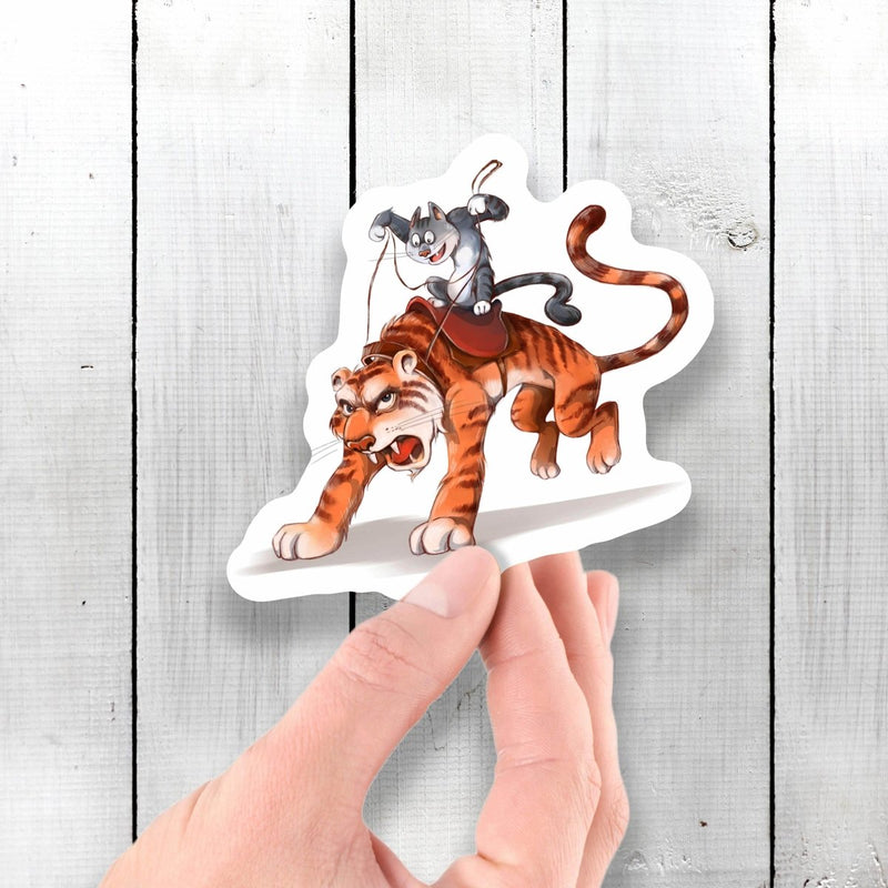 Cat Riding a Tiger - Vinyl Sticker - Dan Pearce Sticker Shop