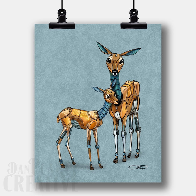 Deer & Fawn Robot Fine Art Print Created - Dan Pearce Sticker Shop