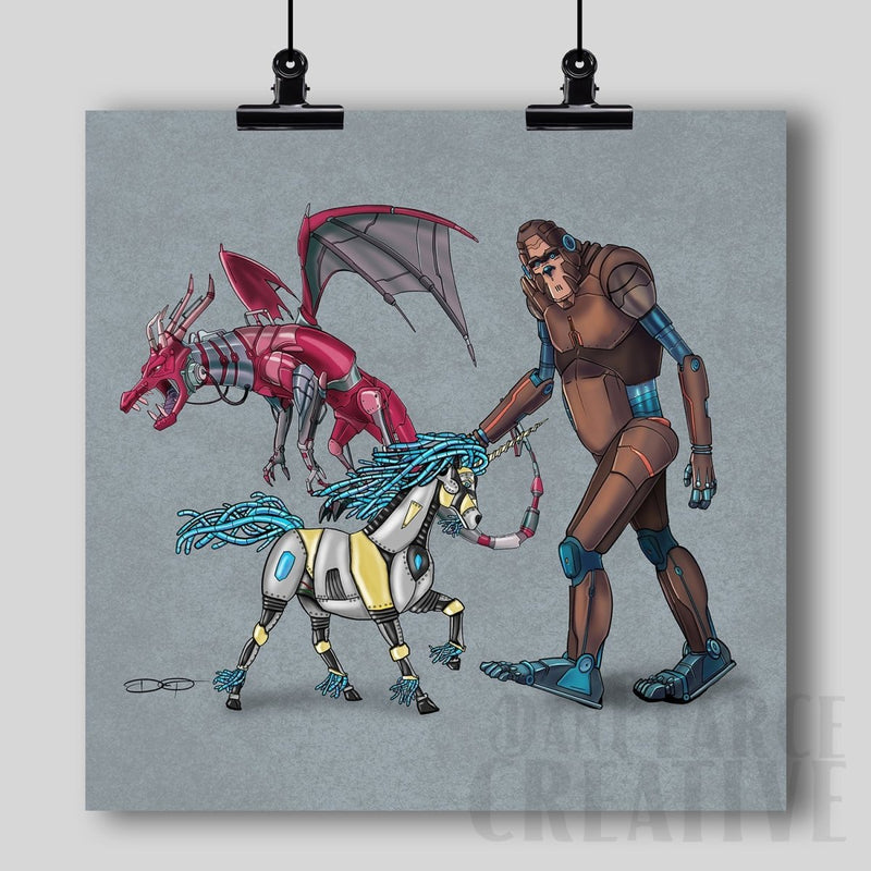 Fantasy "Bigfoot, Dragon, & Unicorn" Fine Art Print - Dan Pearce Sticker Shop