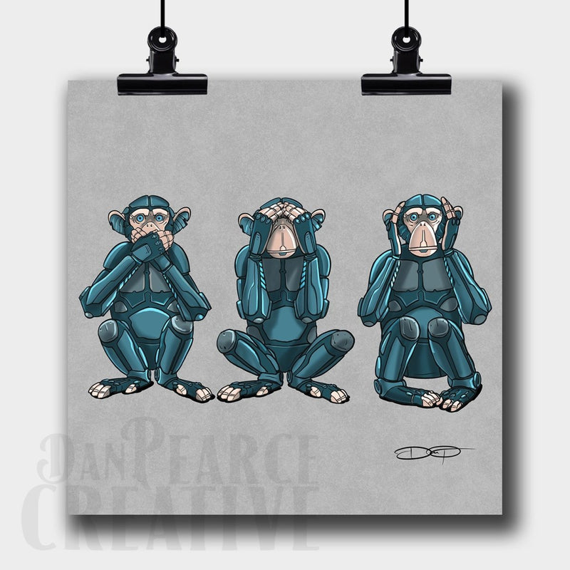 "See No Evil, Hear No Evil, Speak No Evil" Monkey Robot Fine Art Print - Dan Pearce Sticker Shop
