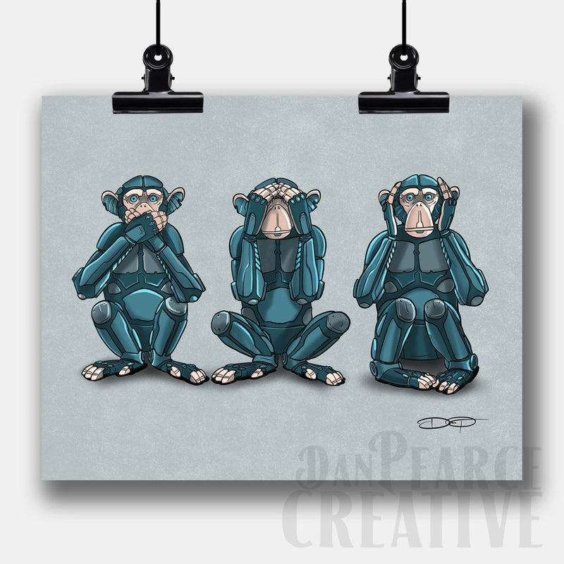 "See No Evil, Hear No Evil, Speak No Evil" Monkey Robot Fine Art Print - Dan Pearce Sticker Shop