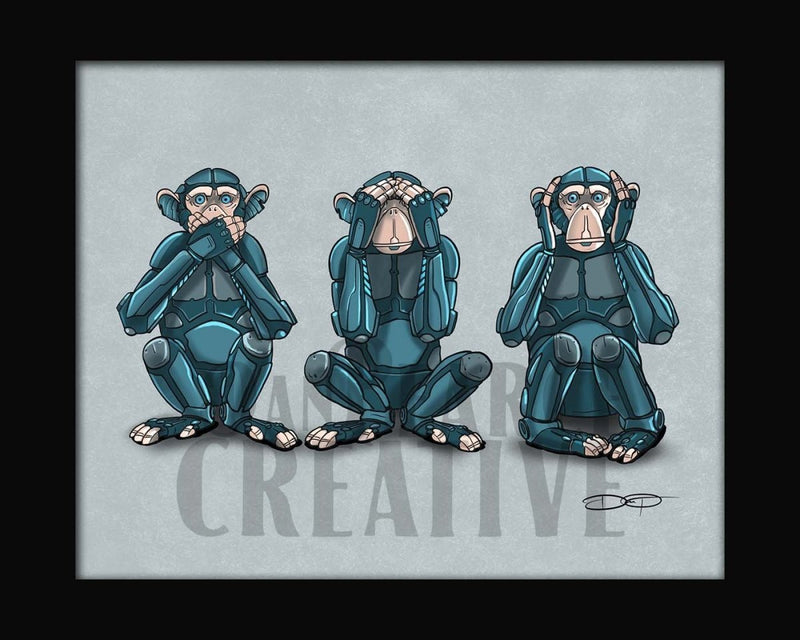 "See No Evil, Hear No Evil, Speak No Evil" Monkey Robot Fine Art Print - Dan Pearce Sticker Shop