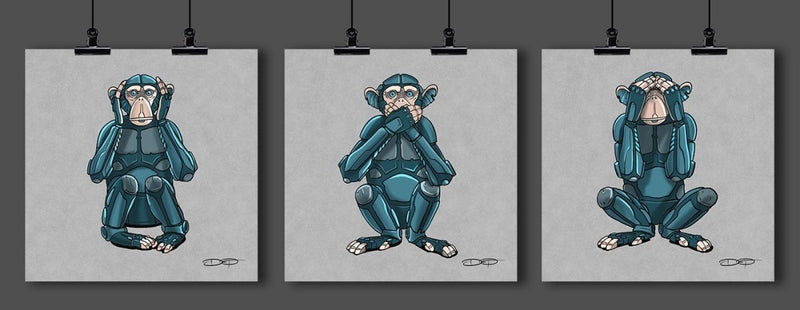 "See, Speak, Hear No Evil" Monkey Robot Fine Art Prints (ALL THREE) - Dan Pearce Sticker Shop