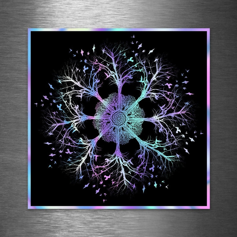 Tree & Bird Abstract Art Mandala - Hologram Sticker - Dan Pearce Sticker Shop