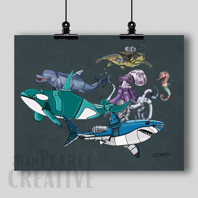 "Under the Sea" Ocean Animal Robots Fine Art Print - Dan Pearce Sticker Shop