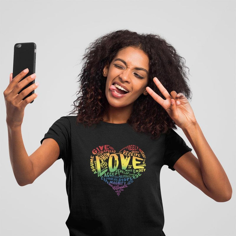 Womens Official “LOVE” Black T-Shirt (Original Rainbow Version) - Dan Pearce Sticker Shop