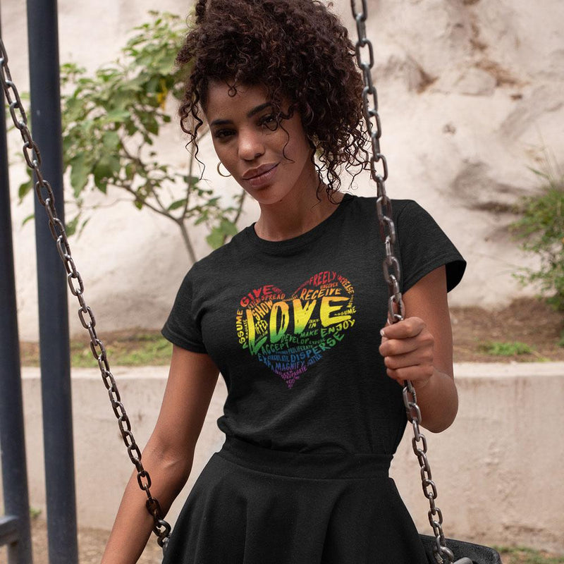 Womens Official “LOVE” Black T-Shirt (Original Rainbow Version) - Dan Pearce Sticker Shop